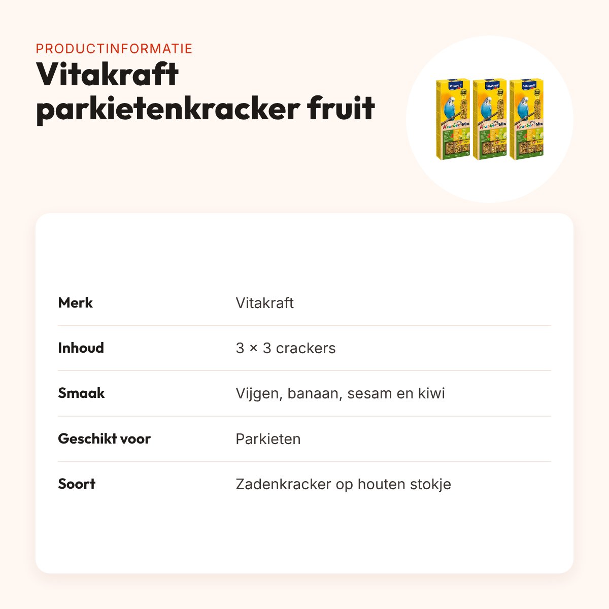 Vitakraft parkietenkracker fruit en sesam – multipack 3 x 3 stuks – productinformatie