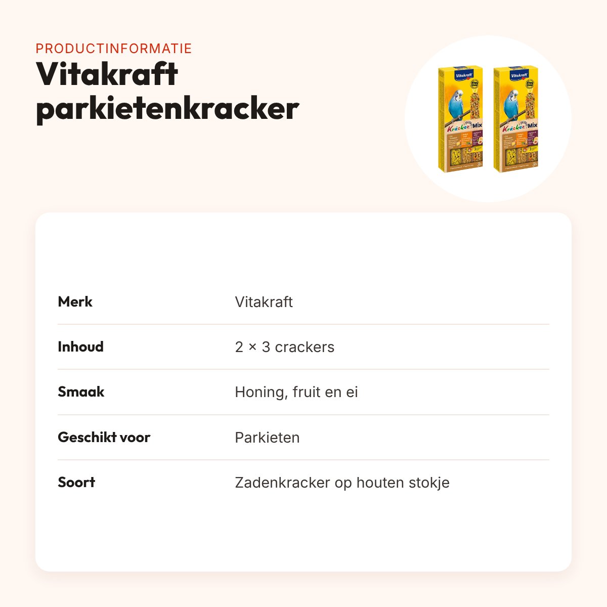 Vitakraft parkietenkracker honing, fruit en ei – multipack 2 x 3 stuks – productinformatie