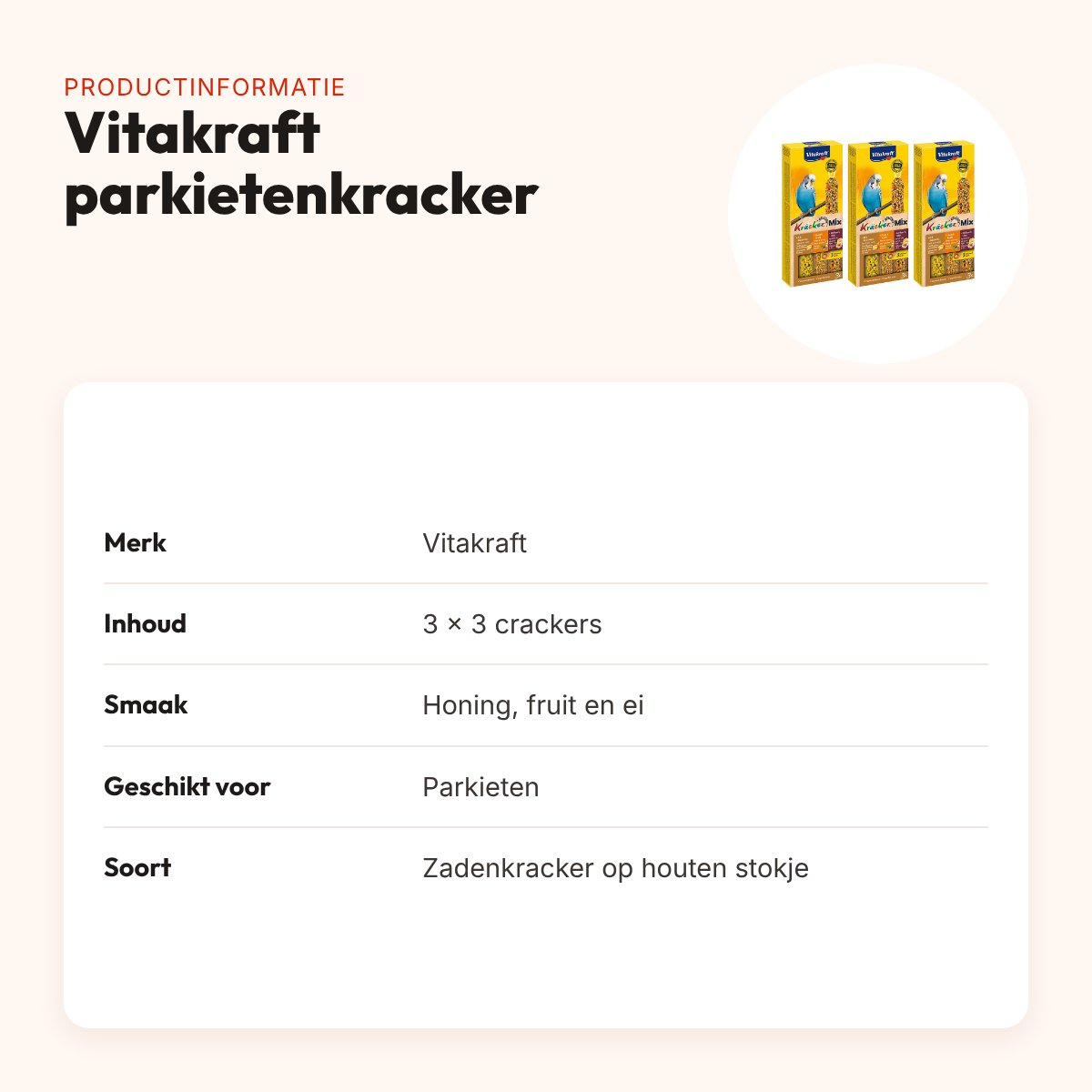 Vitakraft parkietenkracker honing, fruit en ei – multipack 3 x 3 stuks – productinformatie