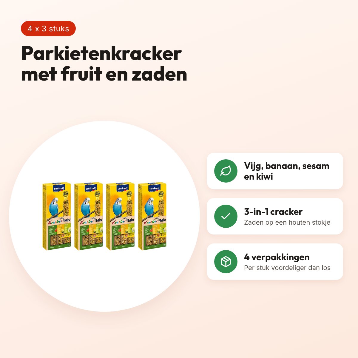 Vitakraft parkietenkracker vijg, banaan, kiwi – multipack 4 x 3 stuks – voordelen
