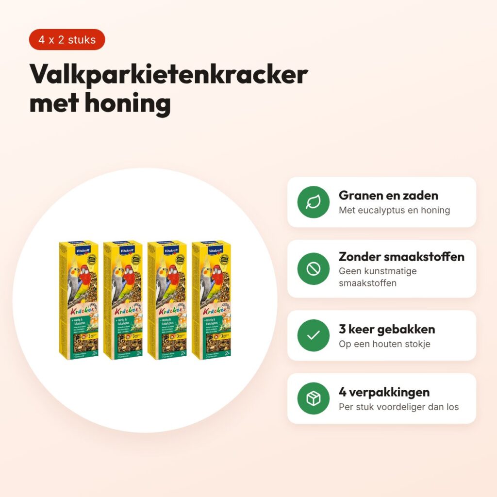 Vitakraft valkparkiet kracker honing 2 in 1 – multipack 4 x 2 stuks – voordelen