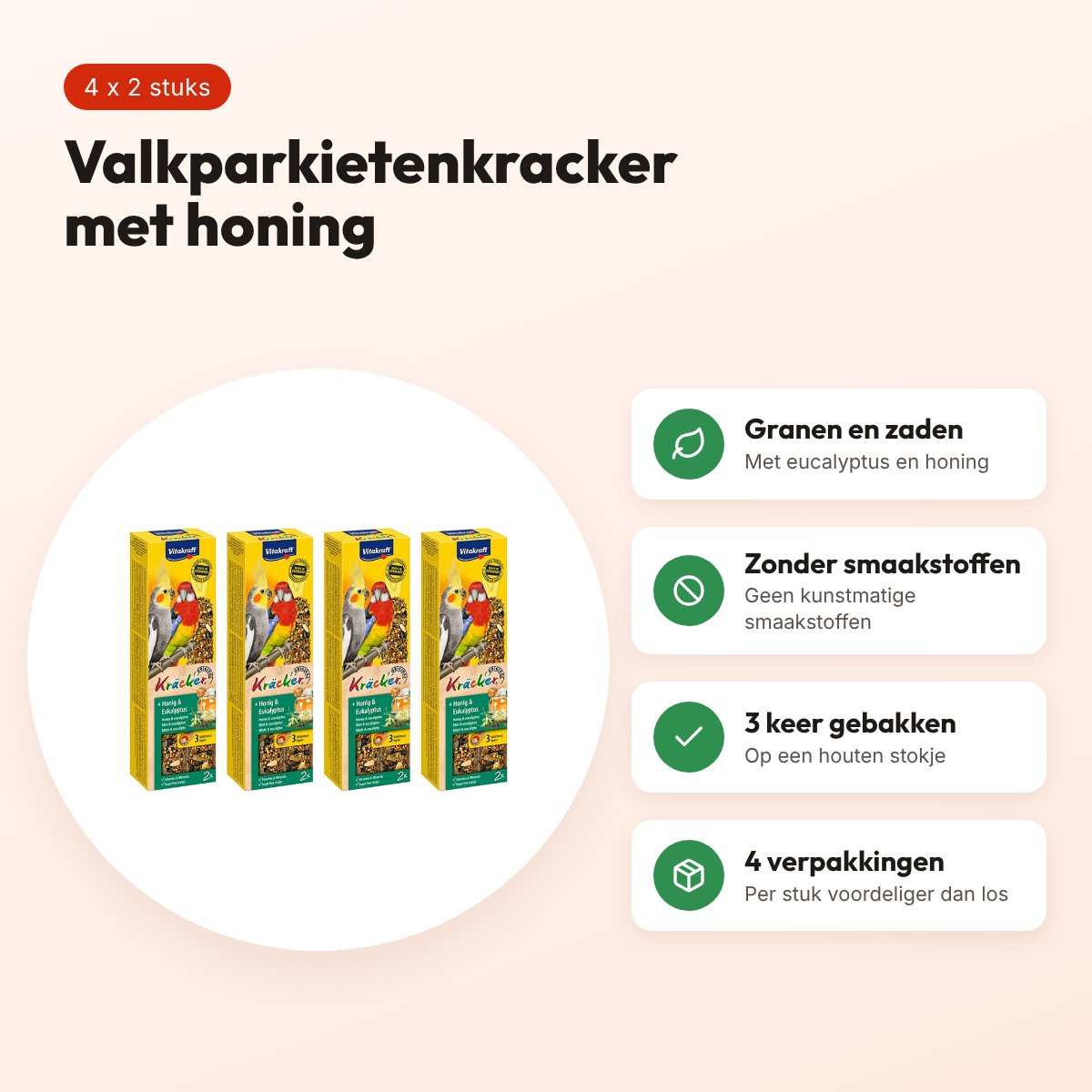 Vitakraft valkparkiet kracker honing 2 in 1 – multipack 4 x 2 stuks – voordelen