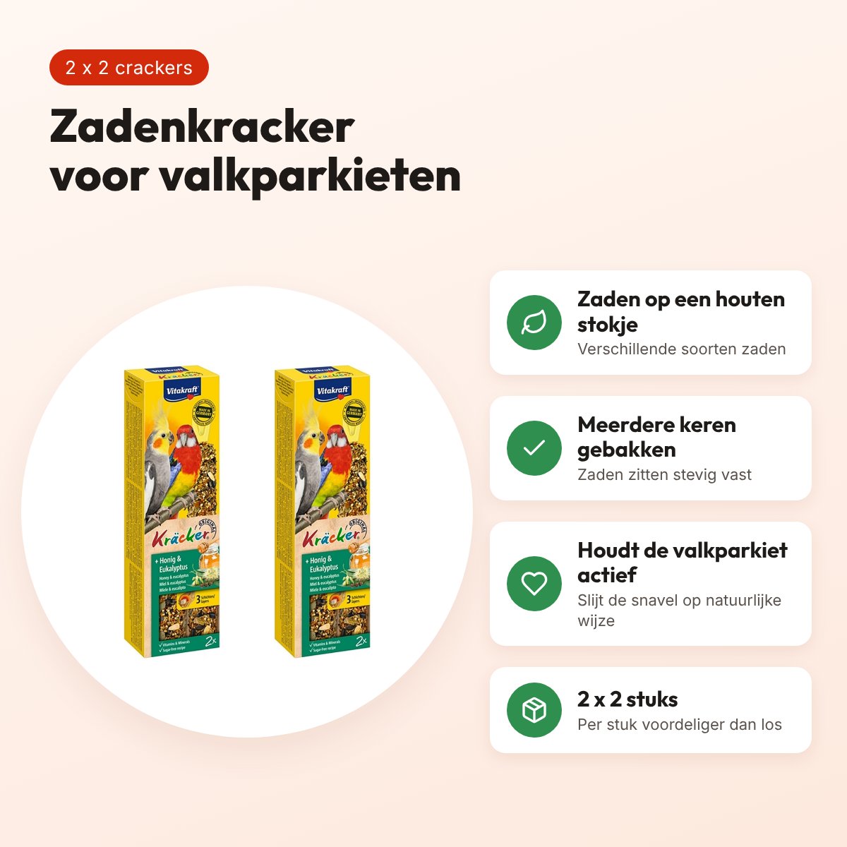 Vitakraft valkparkietenkracker honing 2-in-1 – multipack 2 x 2 stuks – voordelen