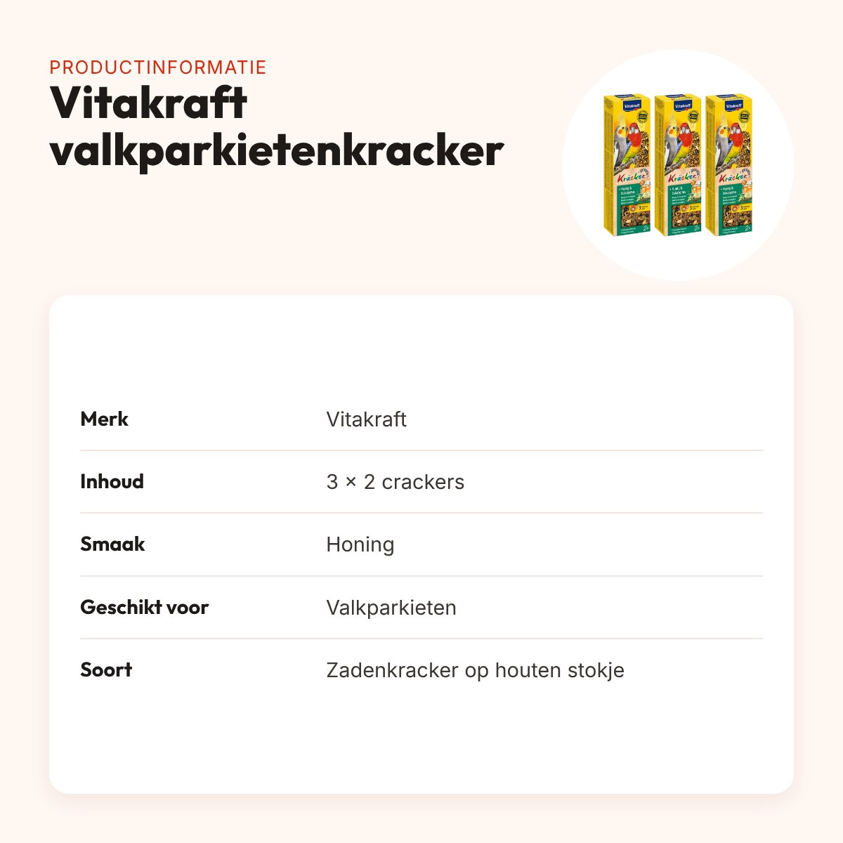 Vitakraft valkparkietenkracker honing 2-in-1 – multipack 3 x 2 stuks – productinformatie