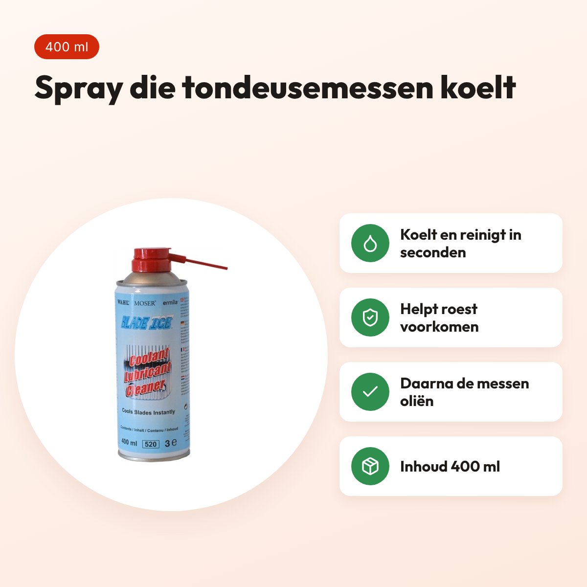 Wahl Blade Ice spray 400 ml – koelt en reinigt tondeusemessen – voordelen