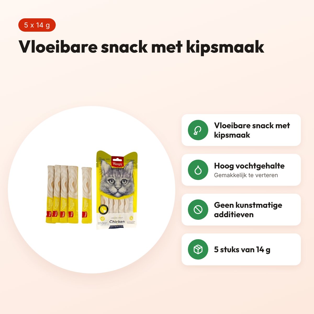 Wanpy Creamy Lickable Treats kip kattensnack 5 stuks (14 g) – voordelen