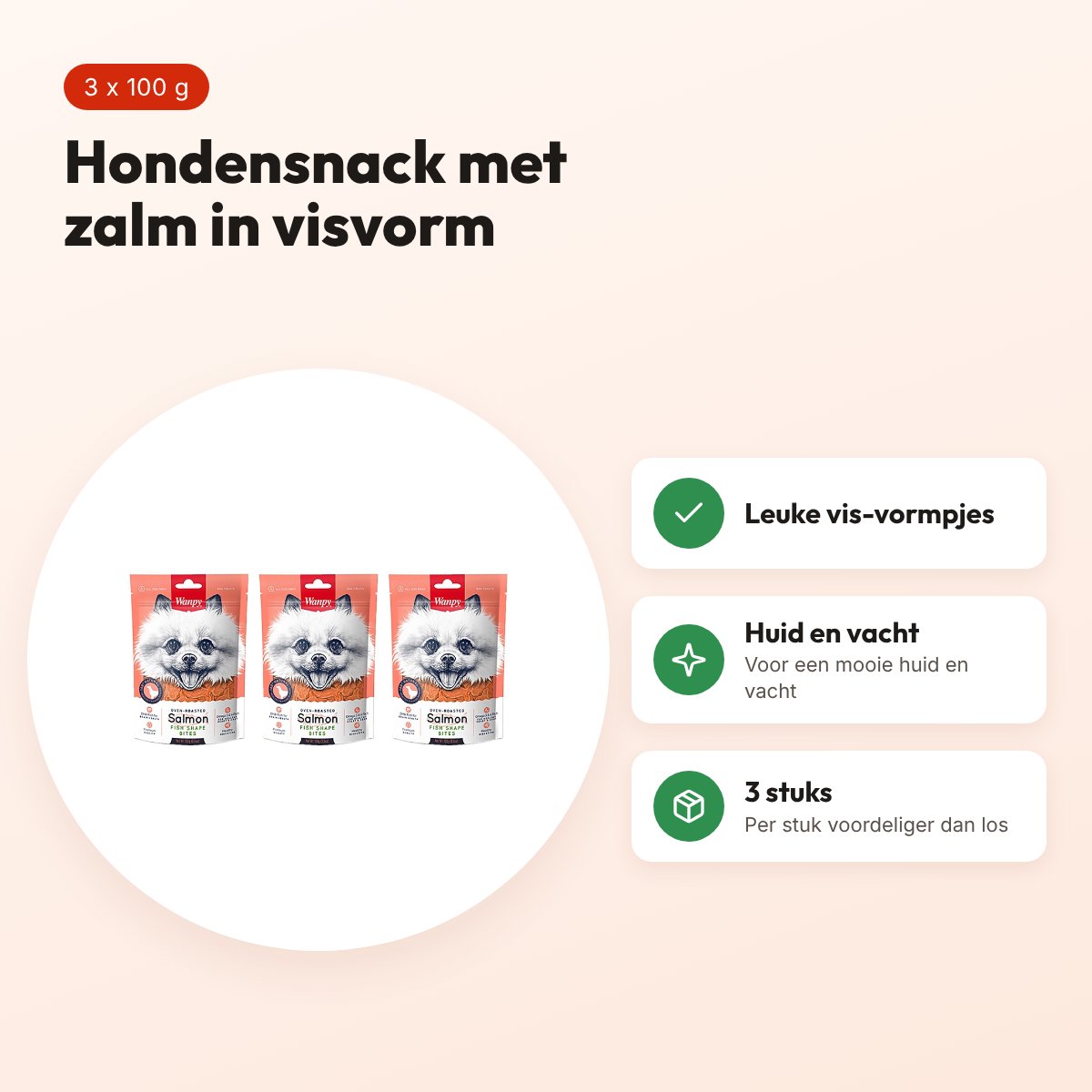 Wanpy hondensnack zalm in visvorm 100 g – multipack 3 stuks – voordelen