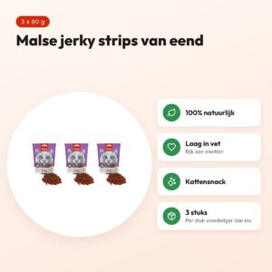 Wanpy Soft eend jerky strips kattensnack 80 g – multipack 3 stuks – voordelen