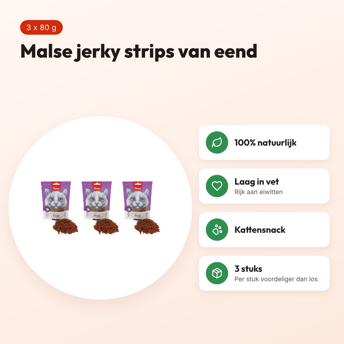 Wanpy Soft eend jerky strips kattensnack 80 g – multipack 3 stuks – voordelen