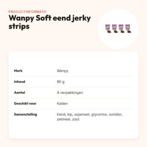 Wanpy Soft eend jerky strips kattensnack 80 g – multipack 4 stuks – productinformatie