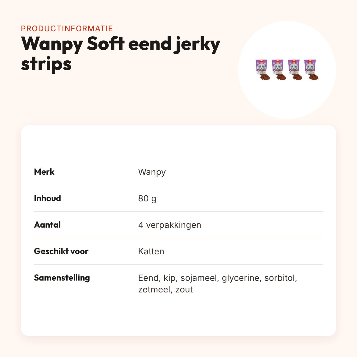Wanpy Soft eend jerky strips kattensnack 80 g – multipack 4 stuks – productinformatie