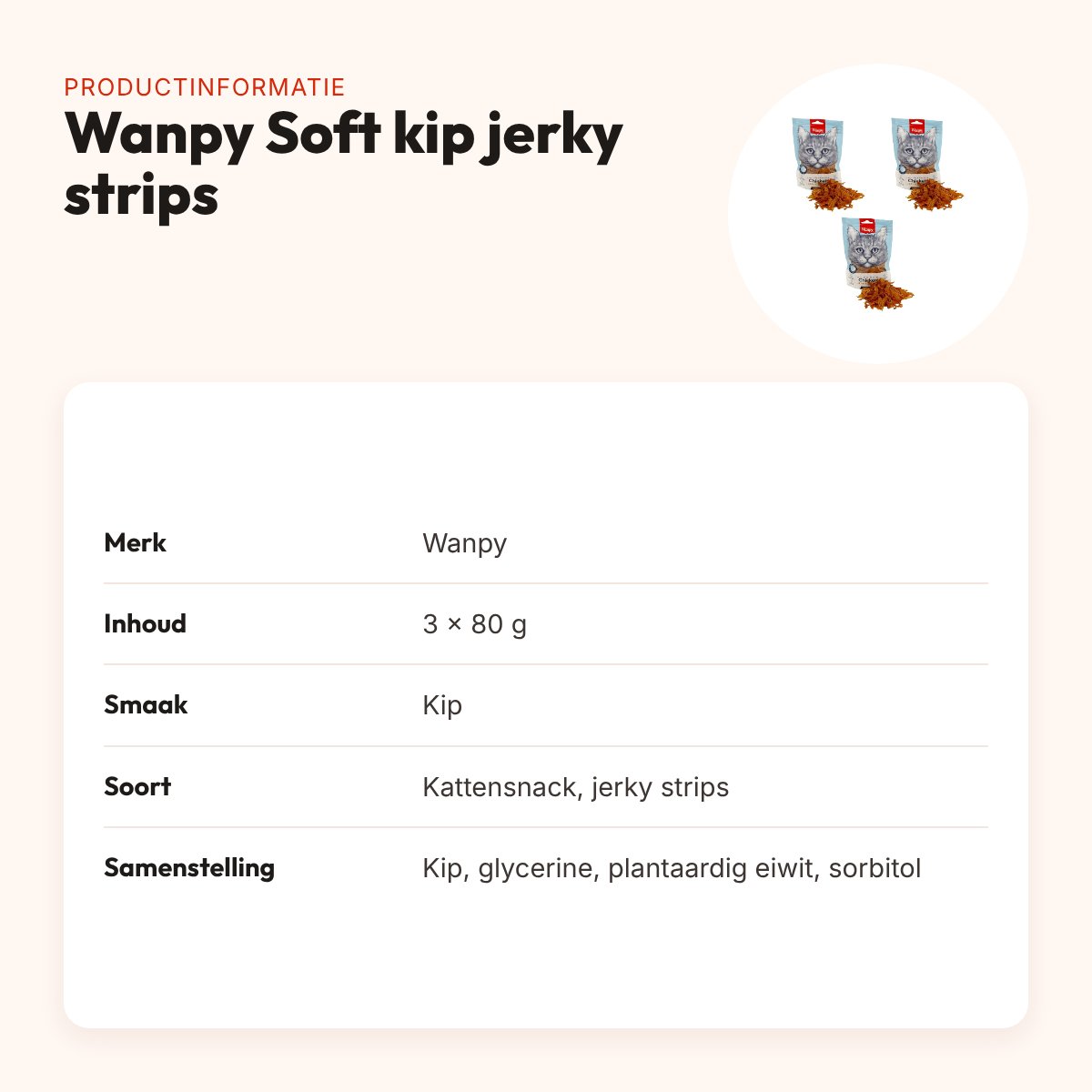 Wanpy Soft kip jerky strips kattensnack 80 g – multipack 3 stuks – productinformatie