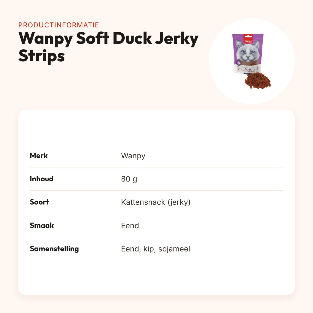 Wanpy Soft Oven-Roasted Duck Jerky Strips kattensnack 80 g – productinformatie