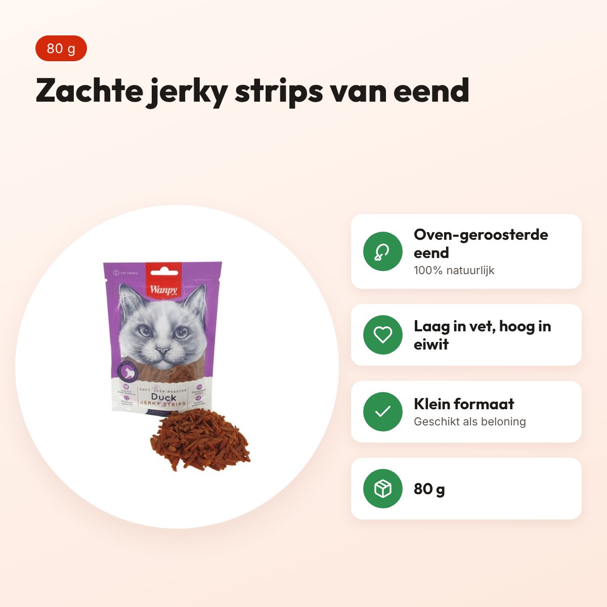 Wanpy Soft Oven-Roasted Duck Jerky Strips kattensnack 80 g – voordelen