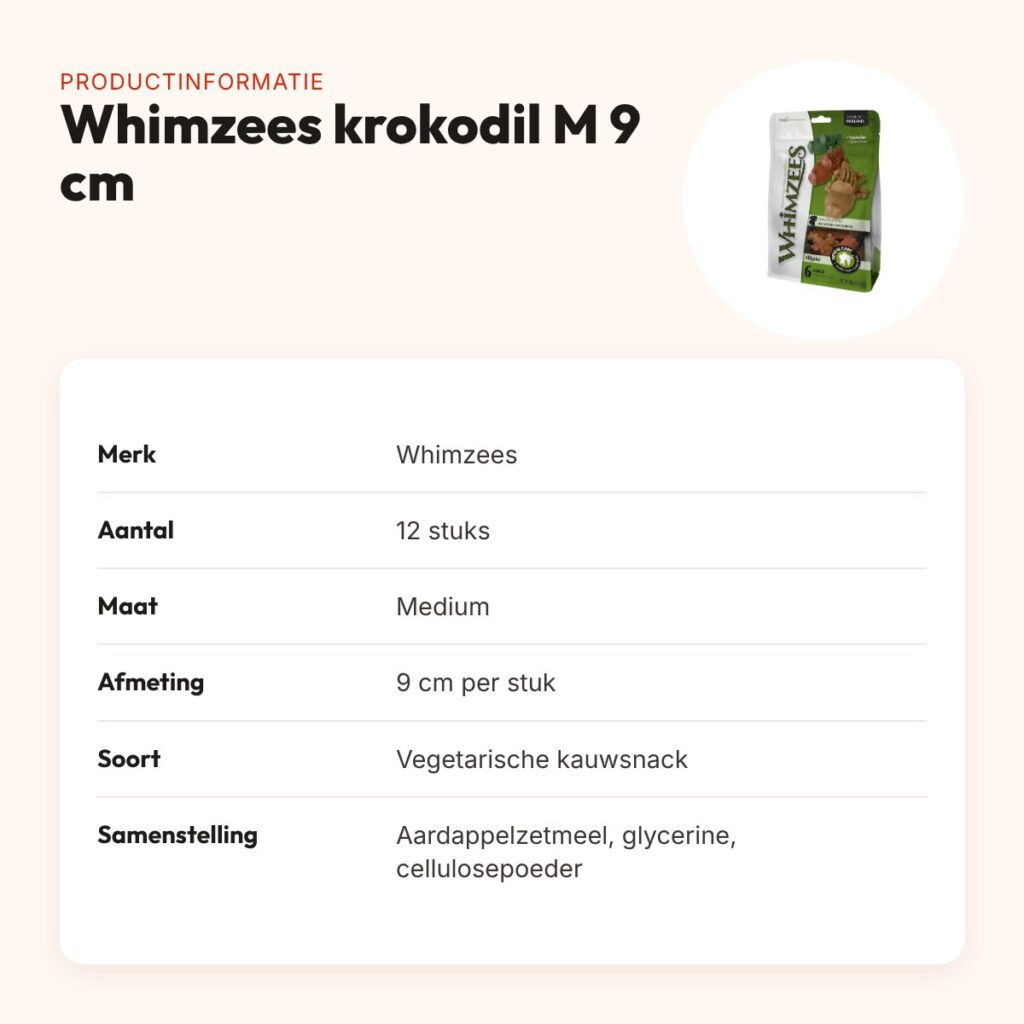 Whimzees krokodil hondenkauwsnack Medium 9 cm – vegetarisch, 12 stuks – productinformatie