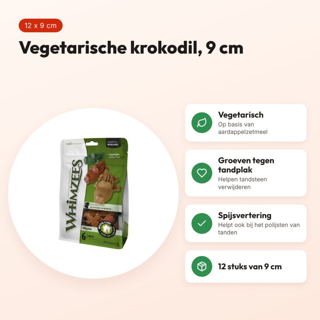 Whimzees krokodil hondenkauwsnack Medium 9 cm – vegetarisch, 12 stuks – voordelen