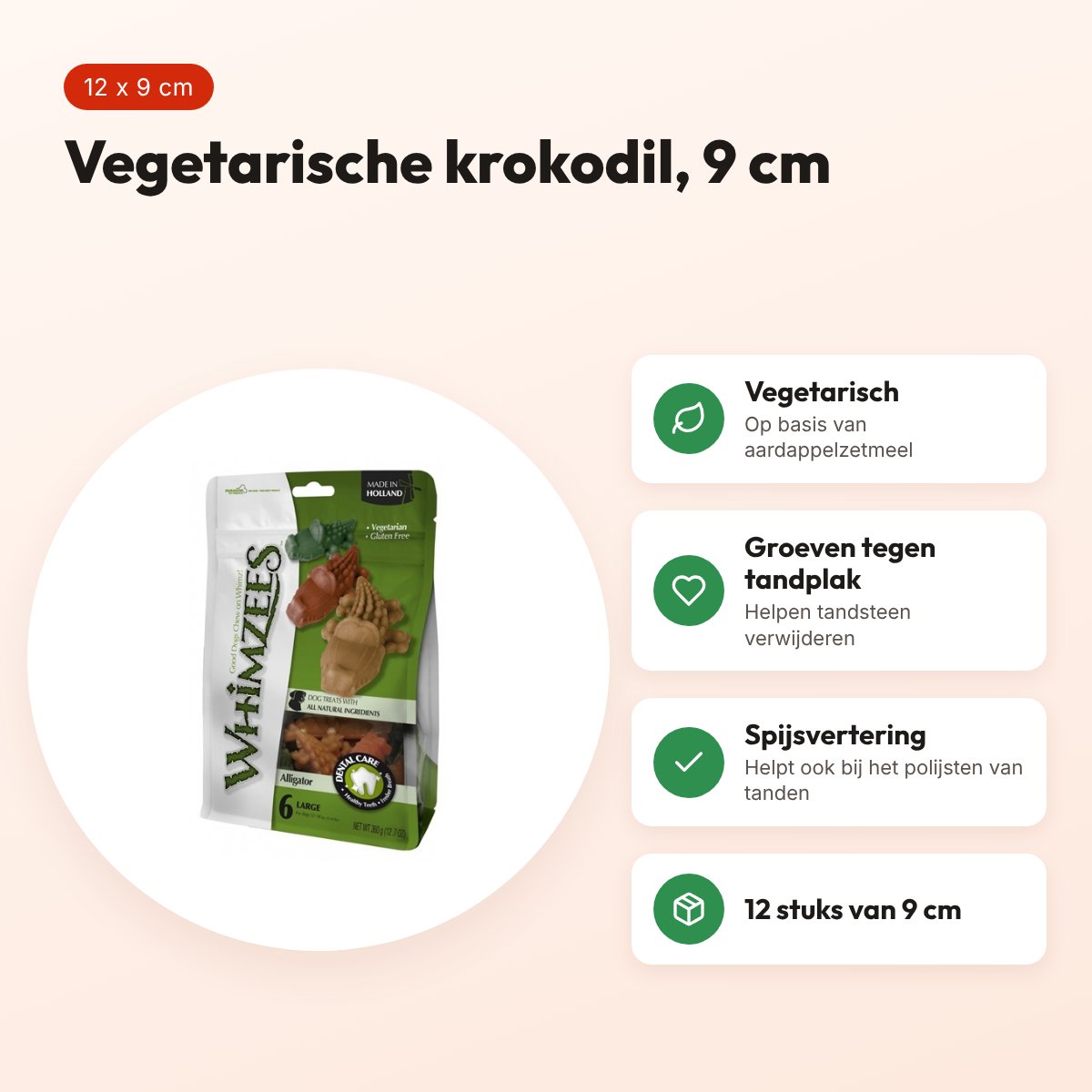 Whimzees krokodil hondenkauwsnack Medium 9 cm – vegetarisch, 12 stuks – voordelen