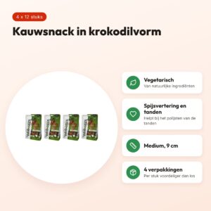 Whimzees krokodil medium 9 cm – vegetarisch, multipack 4 x 12 stuks – voordelen