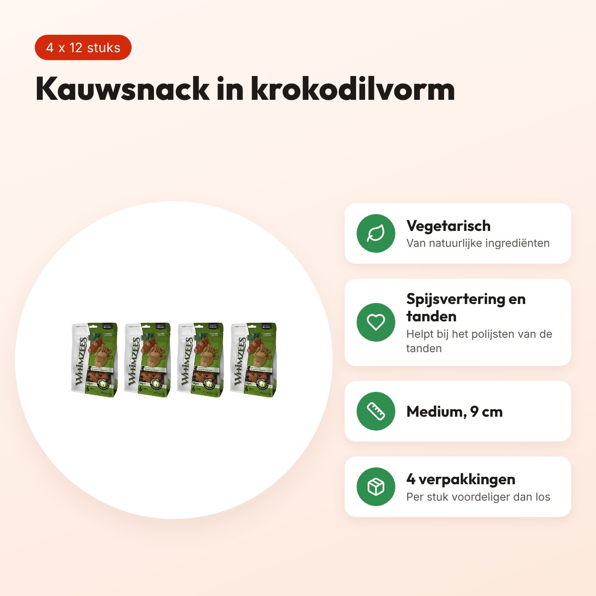 Whimzees krokodil medium 9 cm – vegetarisch, multipack 4 x 12 stuks – voordelen