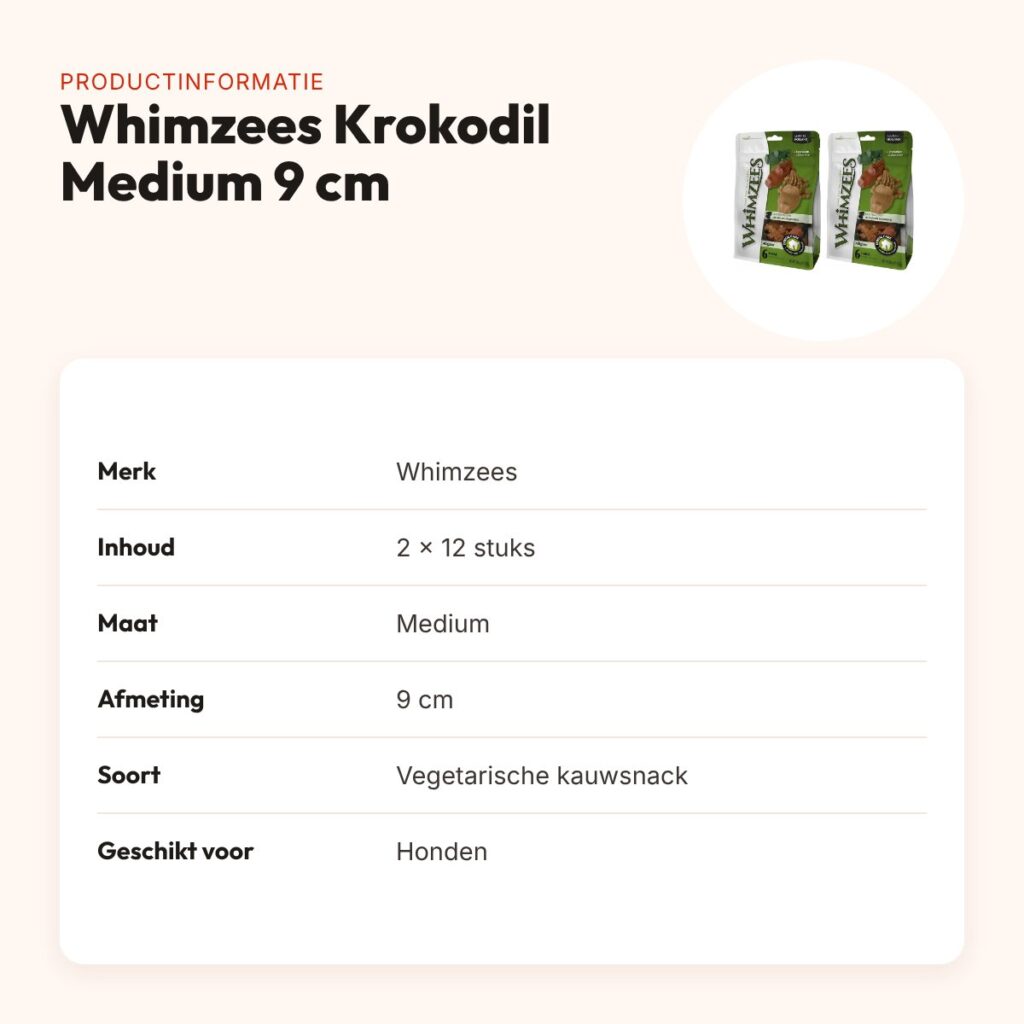 Whimzees Krokodil Medium 9 cm vegetarische snack – multipack 2 x 12 stuks – productinformatie