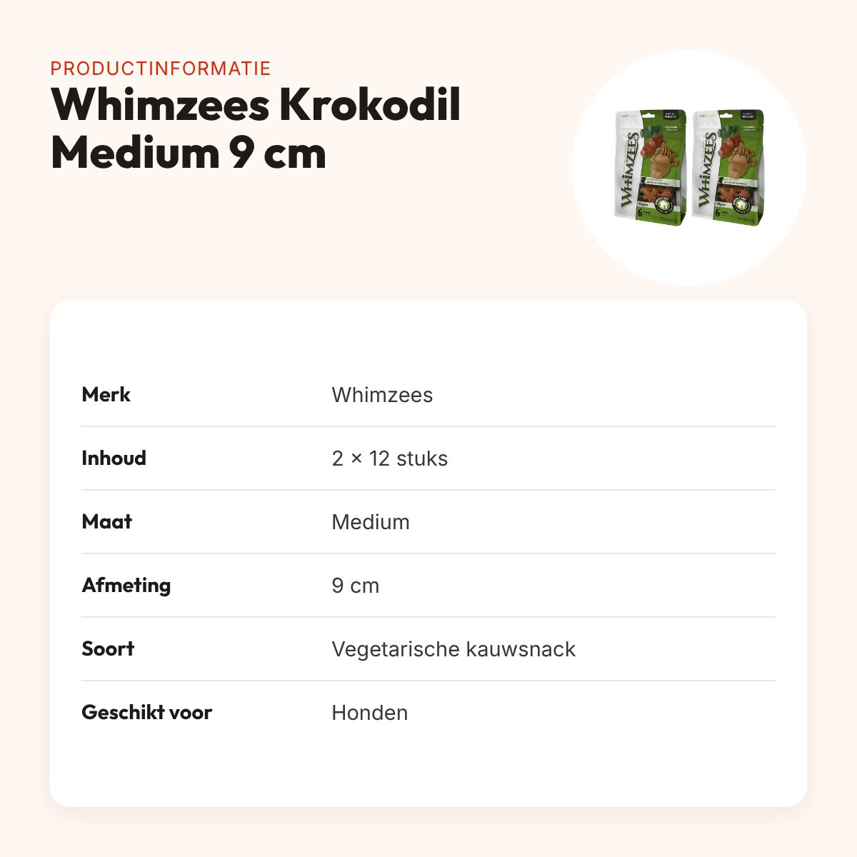 Whimzees Krokodil Medium 9 cm vegetarische snack – multipack 2 x 12 stuks – productinformatie