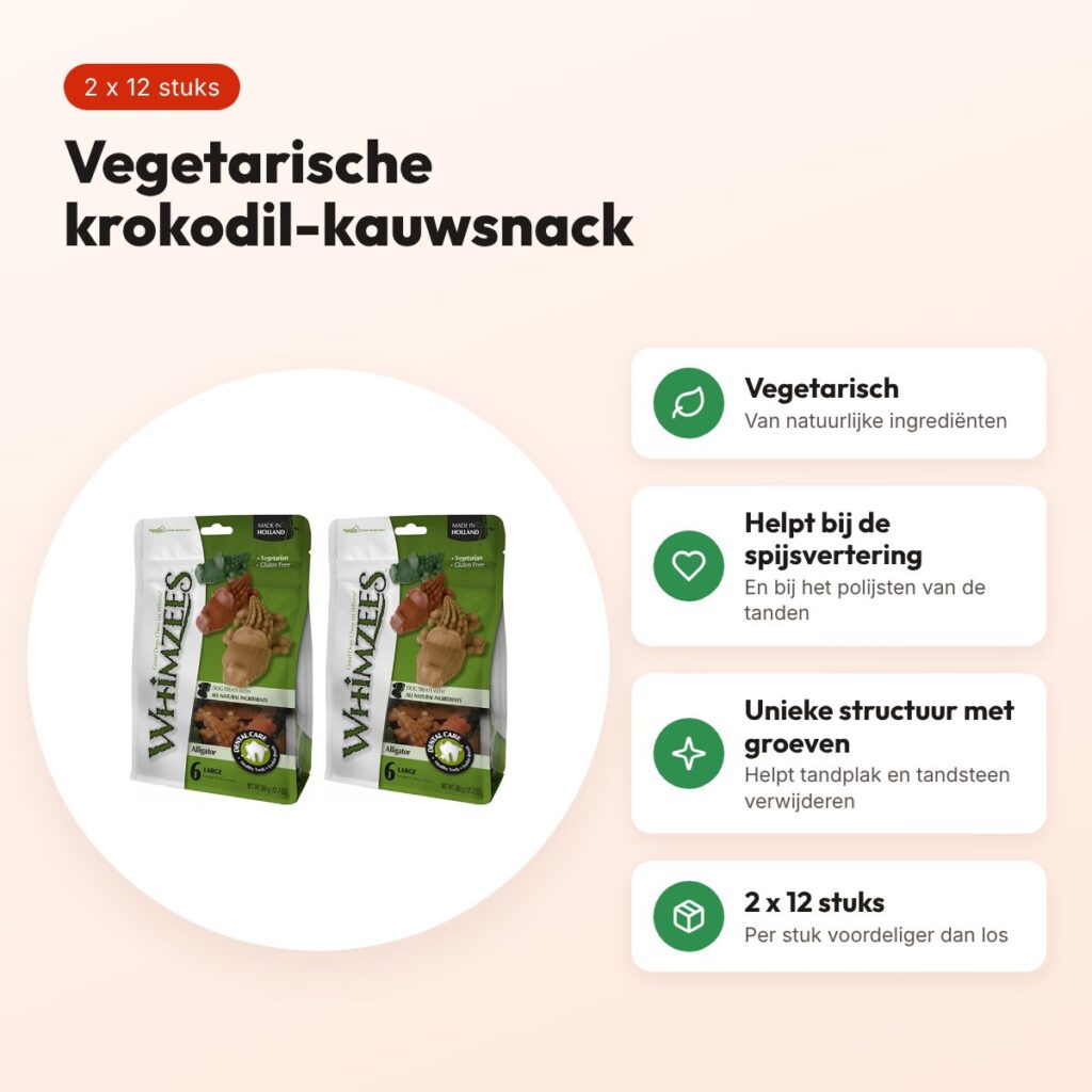 Whimzees Krokodil Medium 9 cm vegetarische snack – multipack 2 x 12 stuks – voordelen