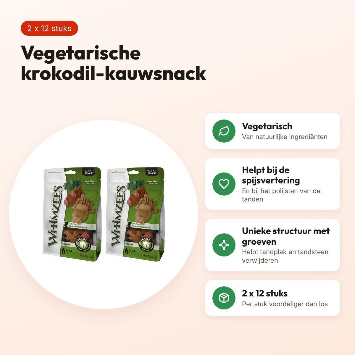 Whimzees Krokodil Medium 9 cm vegetarische snack – multipack 2 x 12 stuks – voordelen