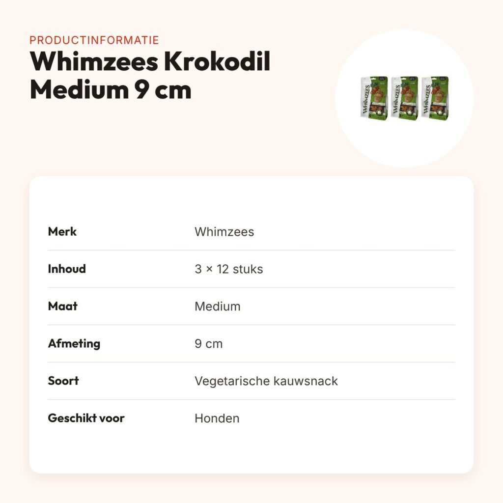 Whimzees Krokodil Medium 9 cm vegetarische snack – multipack 3 x 12 stuks – productinformatie