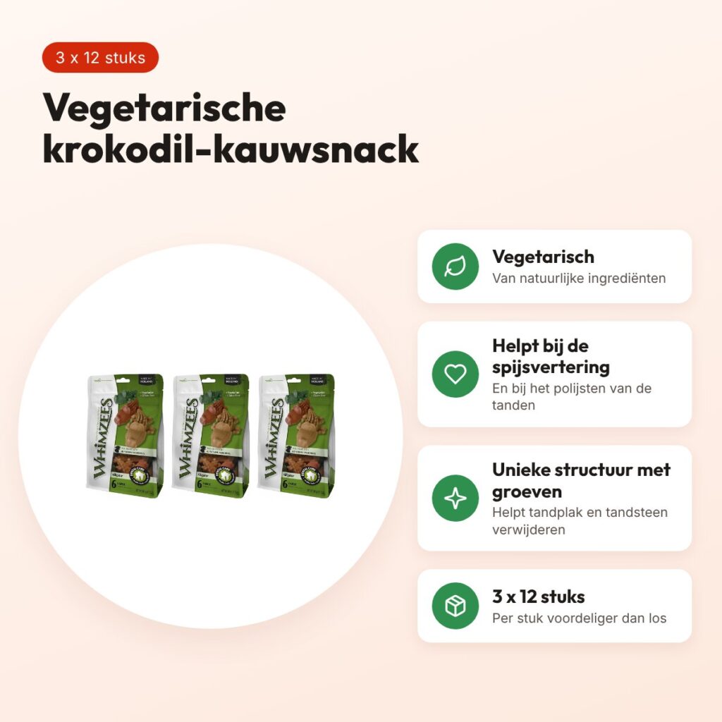 Whimzees Krokodil Medium 9 cm vegetarische snack – multipack 3 x 12 stuks – voordelen