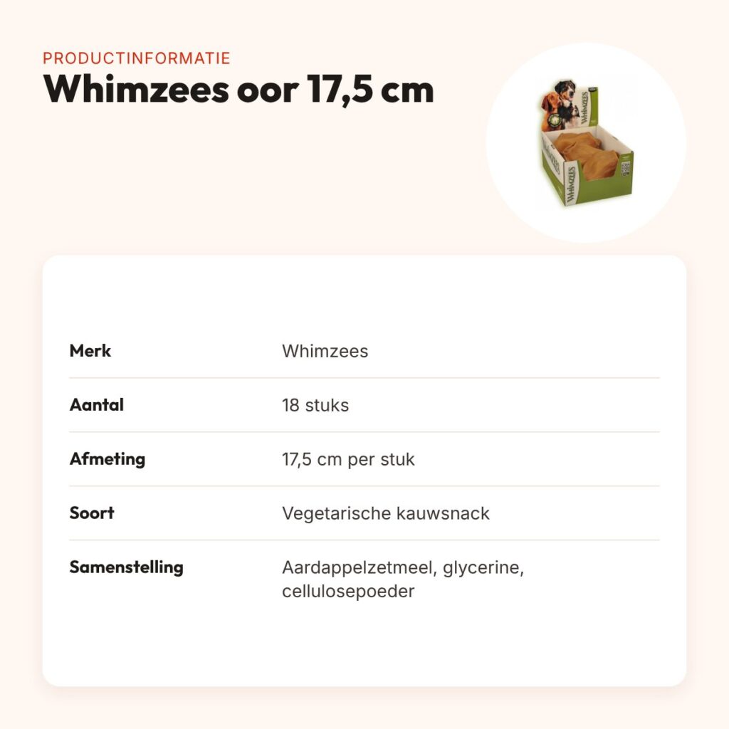 Whimzees oor hondenkauwsnack 17,5 cm – vegetarisch, 18 stuks – productinformatie