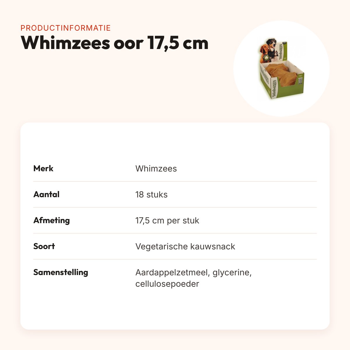 Whimzees oor hondenkauwsnack 17,5 cm – vegetarisch, 18 stuks – productinformatie