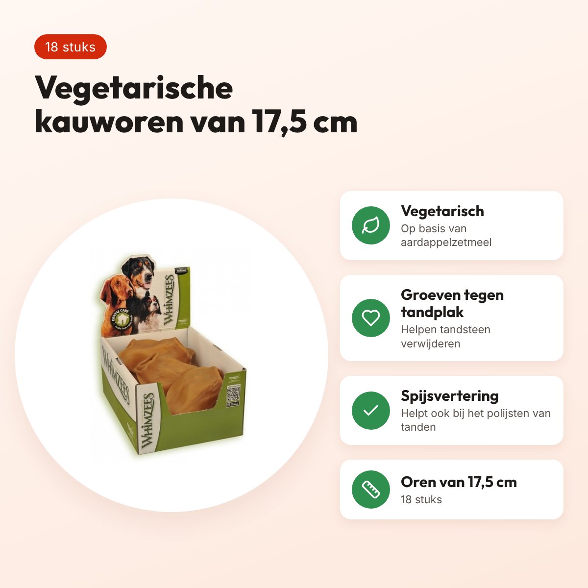 Whimzees oor hondenkauwsnack 17,5 cm – vegetarisch, 18 stuks – voordelen