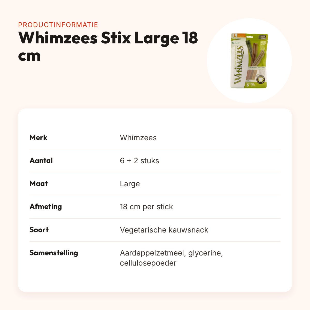 Whimzees Stix hondenkauwsnack Large 18 cm – vegetarisch, 6 + 2 stuks – productinformatie