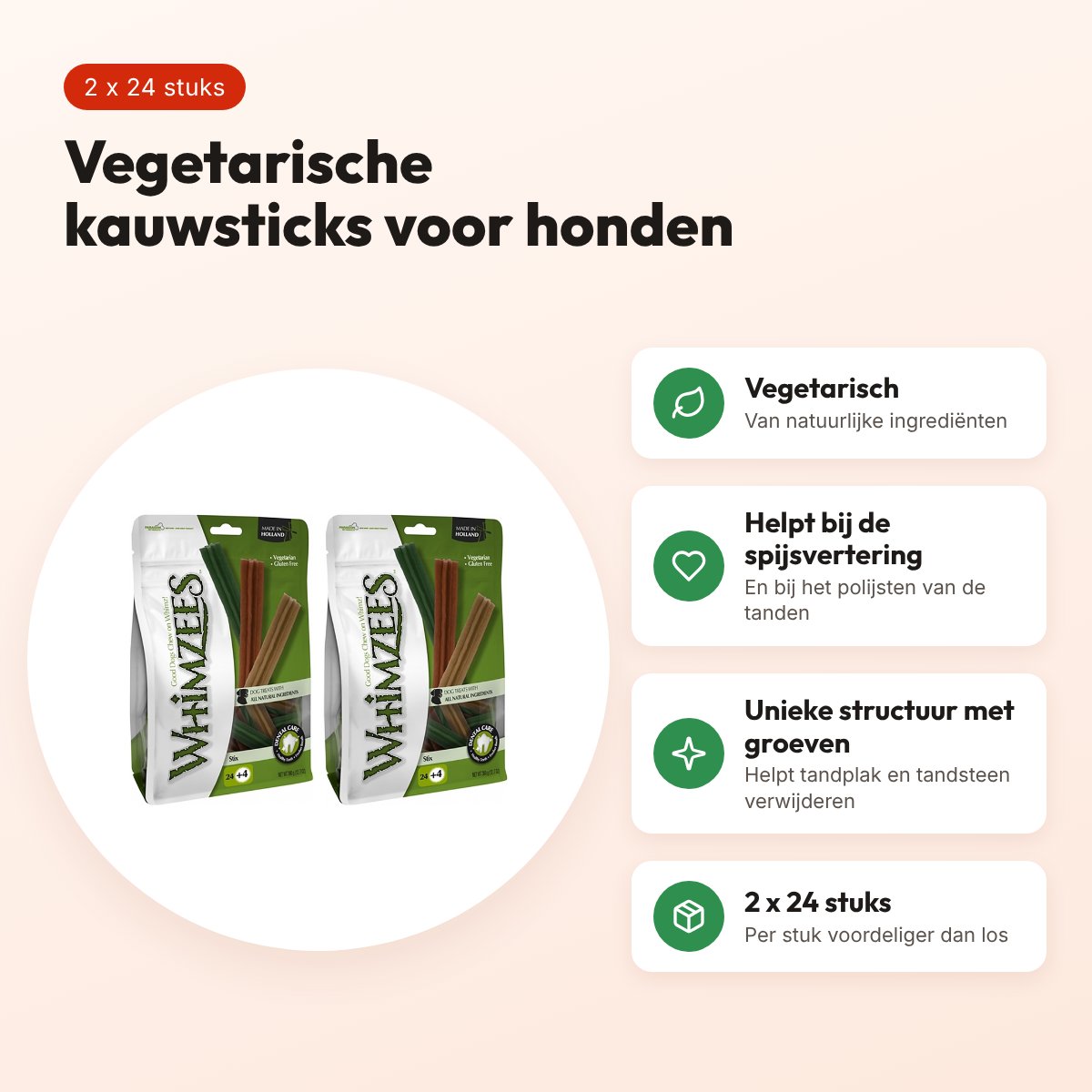 Whimzees Stix Small 12 cm vegetarische kauwsnack – multipack 2 x 24 stuks – voordelen
