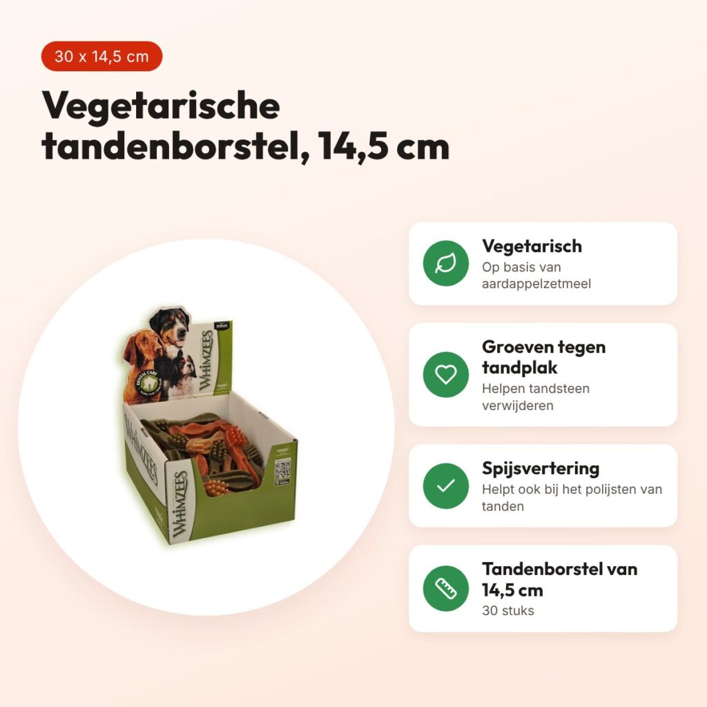Whimzees tandenborstel hondenkauwsnack 14,5 cm – vegetarisch, 30 stuks – voordelen