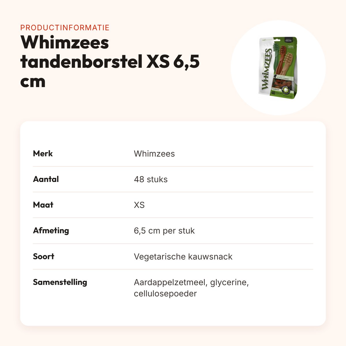 Whimzees tandenborstel hondenkauwsnack XS 6,5 cm – 48 stuks – productinformatie