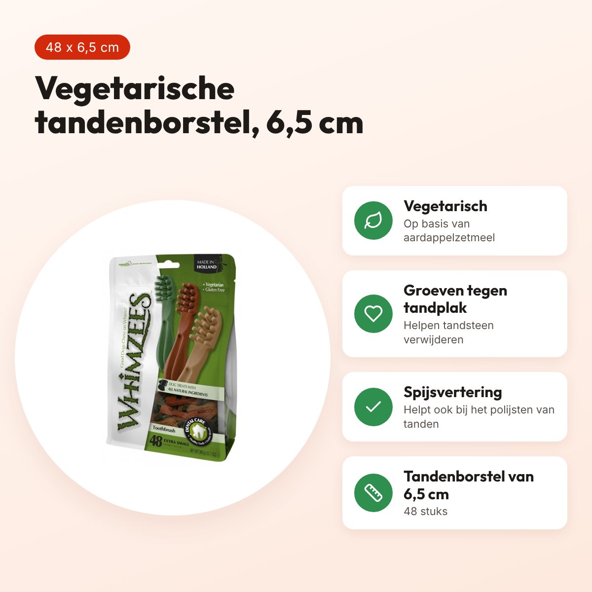 Whimzees tandenborstel hondenkauwsnack XS 6,5 cm – 48 stuks – voordelen