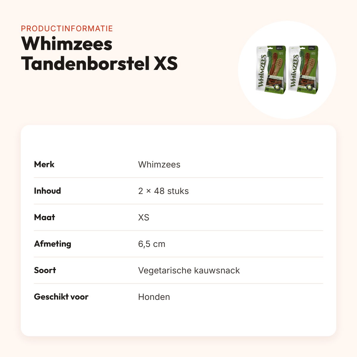 Whimzees Tandenborstel XS 6,5 cm kauwsnack – multipack 2 x 48 stuks – productinformatie