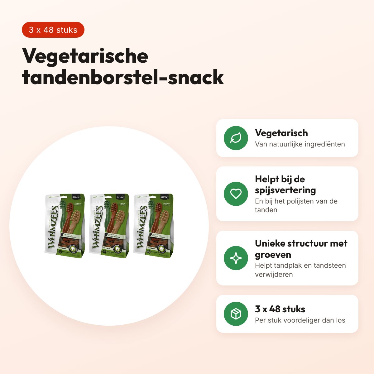 Whimzees Tandenborstel XS 6,5 cm kauwsnack – multipack 3 x 48 stuks – voordelen