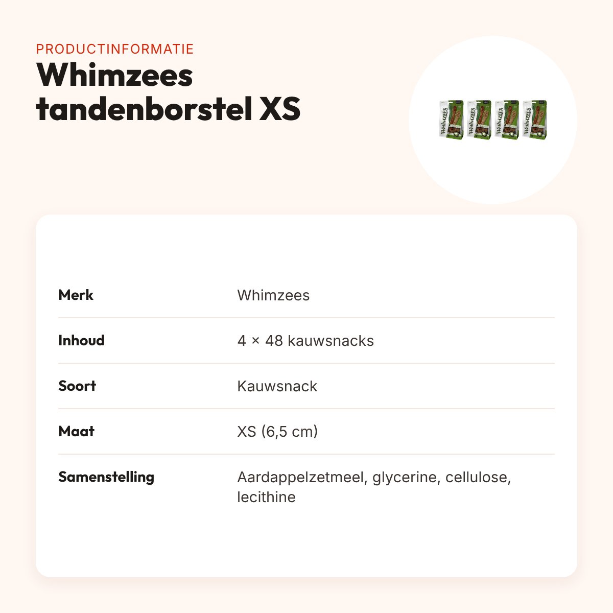 Whimzees tandenborstel XS kauwsnack hond – multipack 4 x 48 stuks – productinformatie