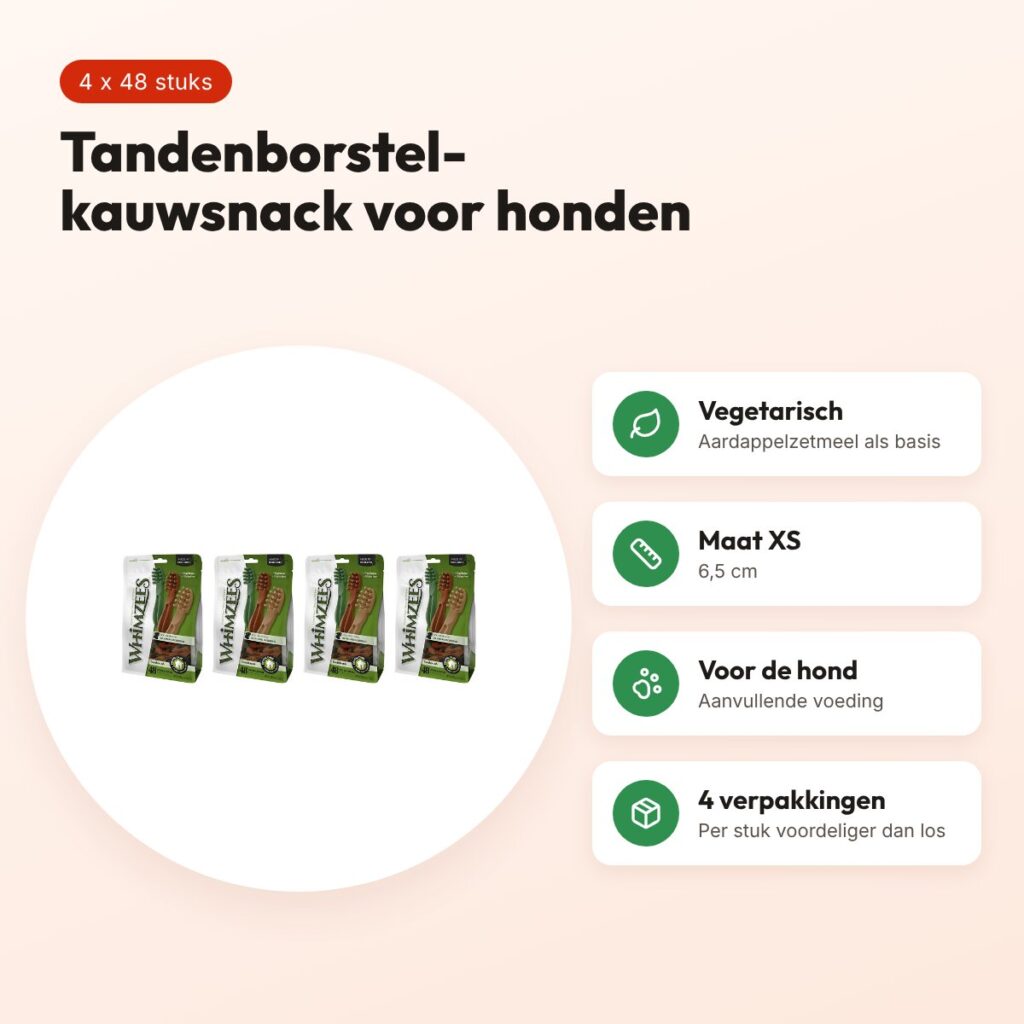 Whimzees tandenborstel XS kauwsnack hond – multipack 4 x 48 stuks – voordelen