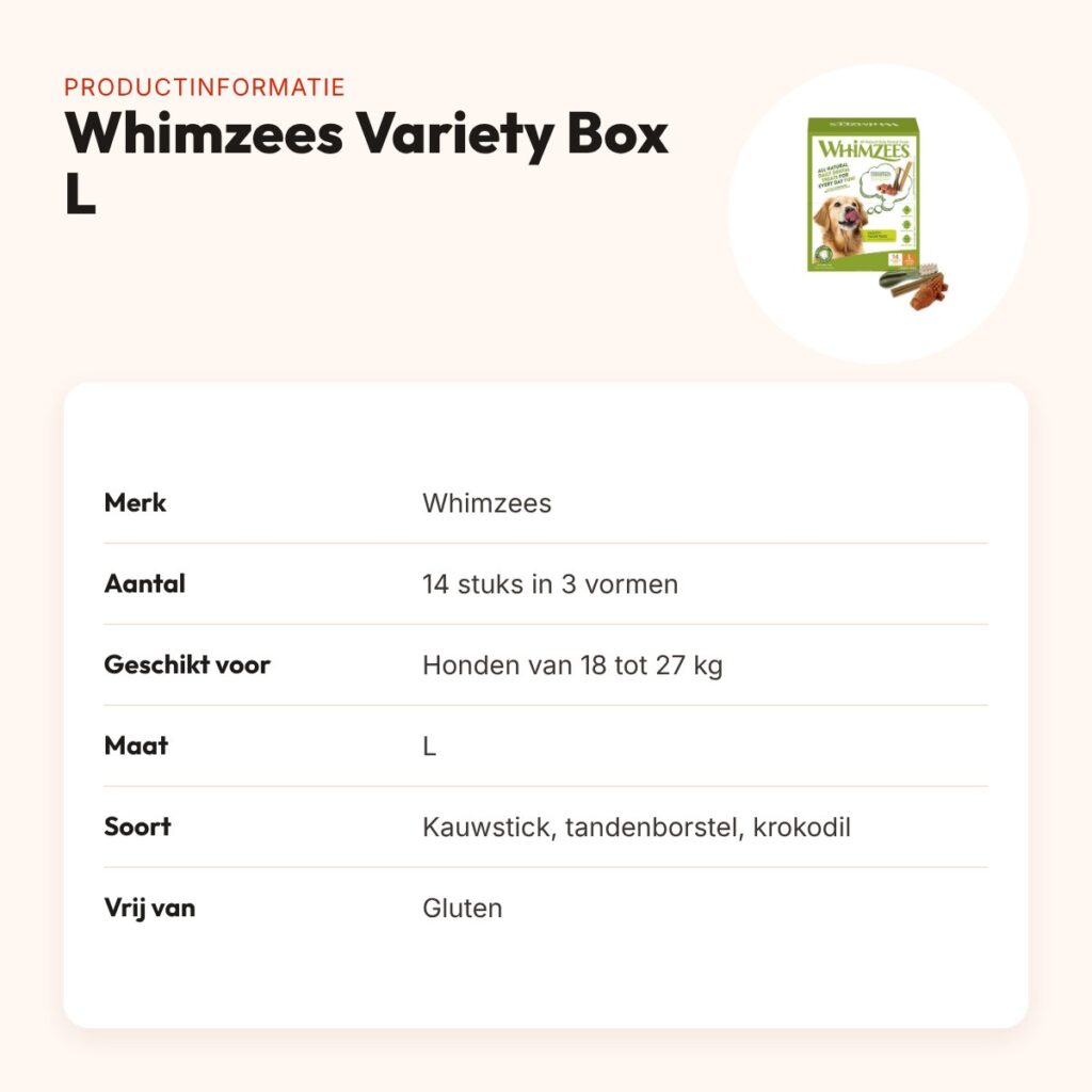 Whimzees Variety Box L hondenkauwsnack 14 stuks – voor honden 18-27 kg – productinformatie