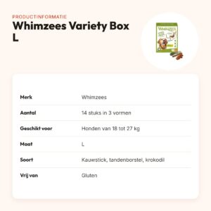 Whimzees Variety Box L hondenkauwsnack 14 stuks – voor honden 18-27 kg – productinformatie