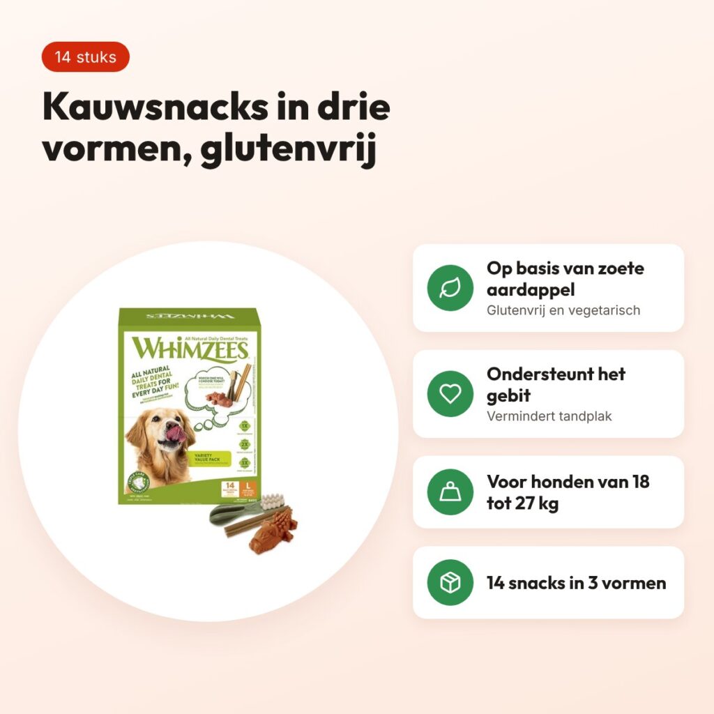 Whimzees Variety Box L hondenkauwsnack 14 stuks – voor honden 18-27 kg – voordelen