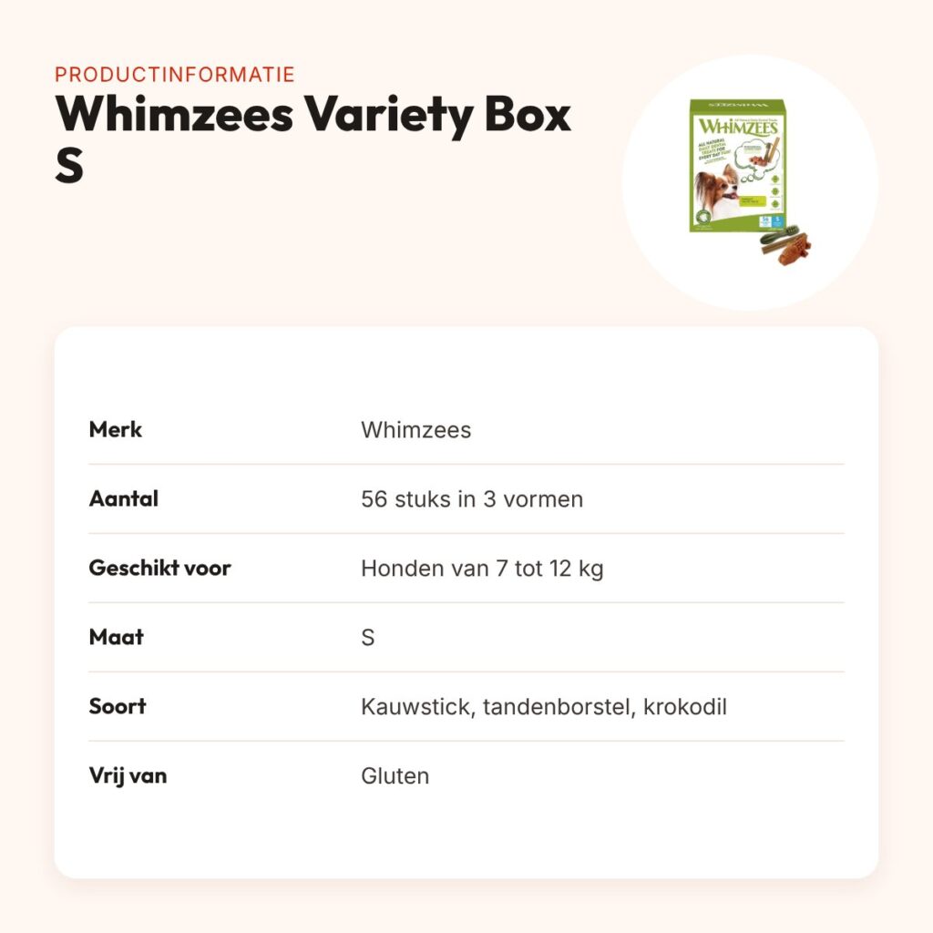Whimzees Variety Box S hondenkauwsnack 56 stuks – voor honden 7-12 kg – productinformatie