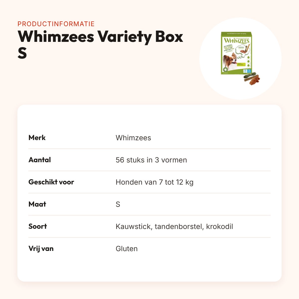 Whimzees Variety Box S hondenkauwsnack 56 stuks – voor honden 7-12 kg – productinformatie
