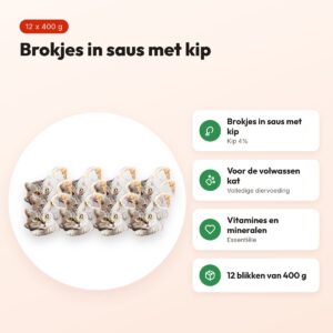 Whiskas blik Adult brokjes in saus met kip 12 x 400 g – kattenvoer – voordelen