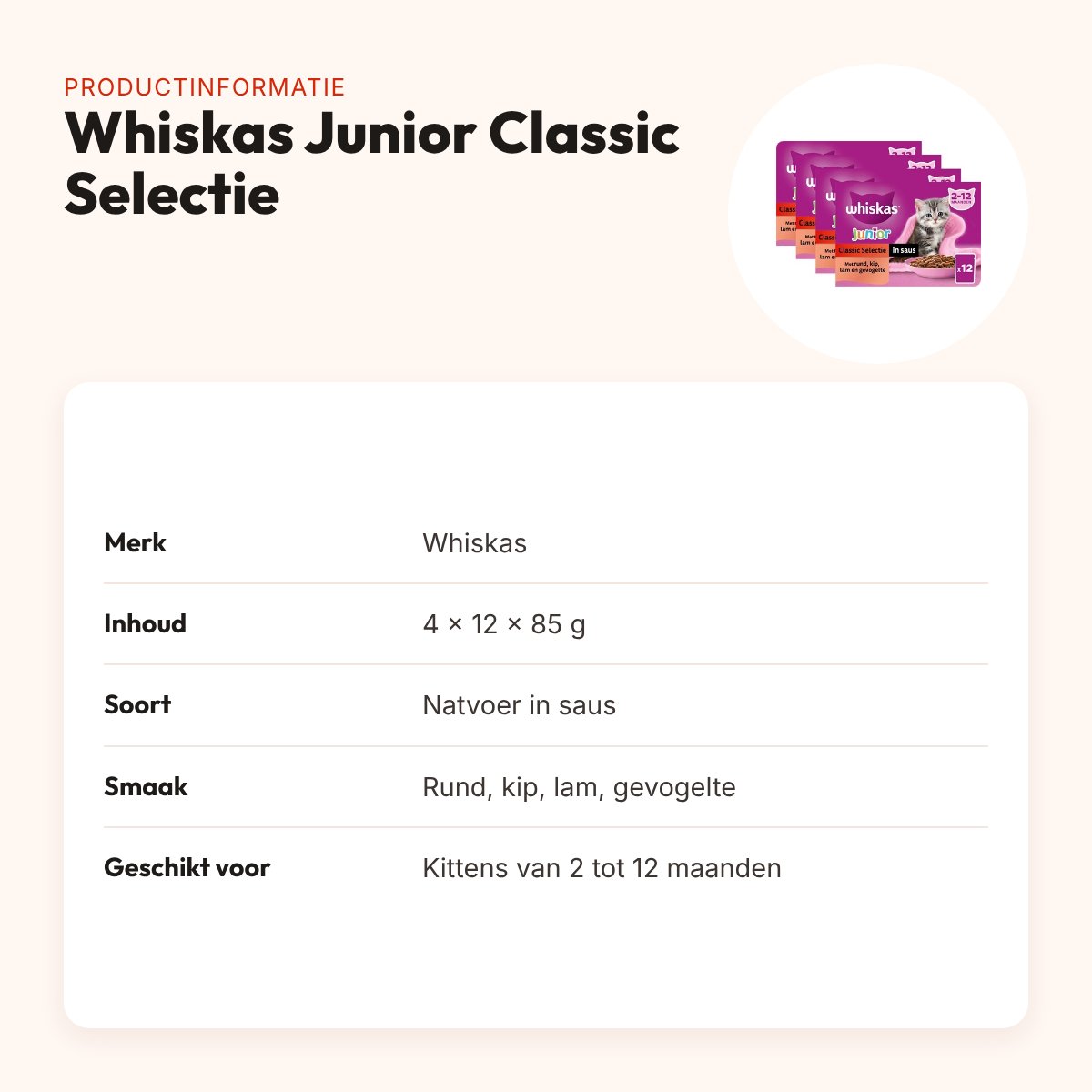 Whiskas Junior kattenvoer Classic Selectie vlees in saus 4 x 12 x 85 g – productinformatie
