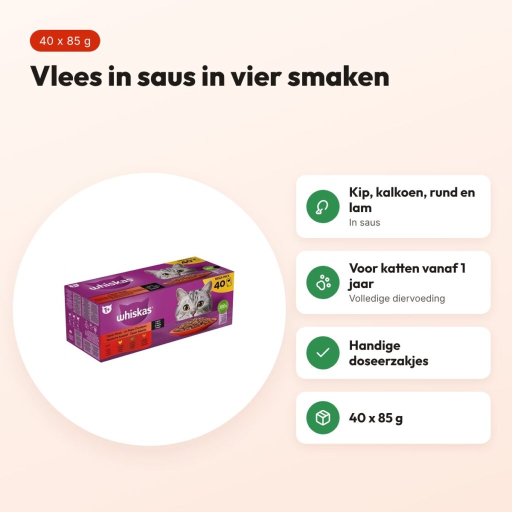 Whiskas kattenvoer Adult Classic Selectie vlees in saus 40 x 85 g – voordelen