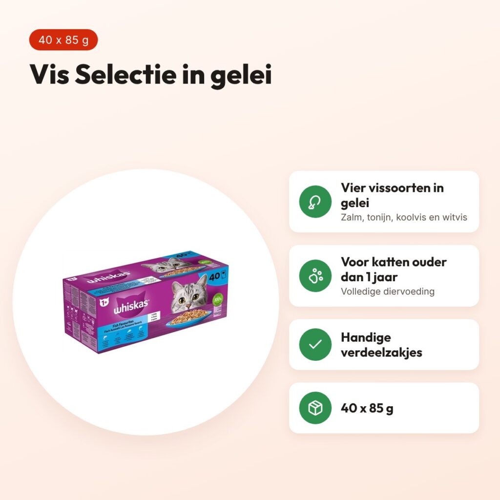 Whiskas kattenvoer Adult Vis Selectie in gelei 40 x 85 g – voordelen